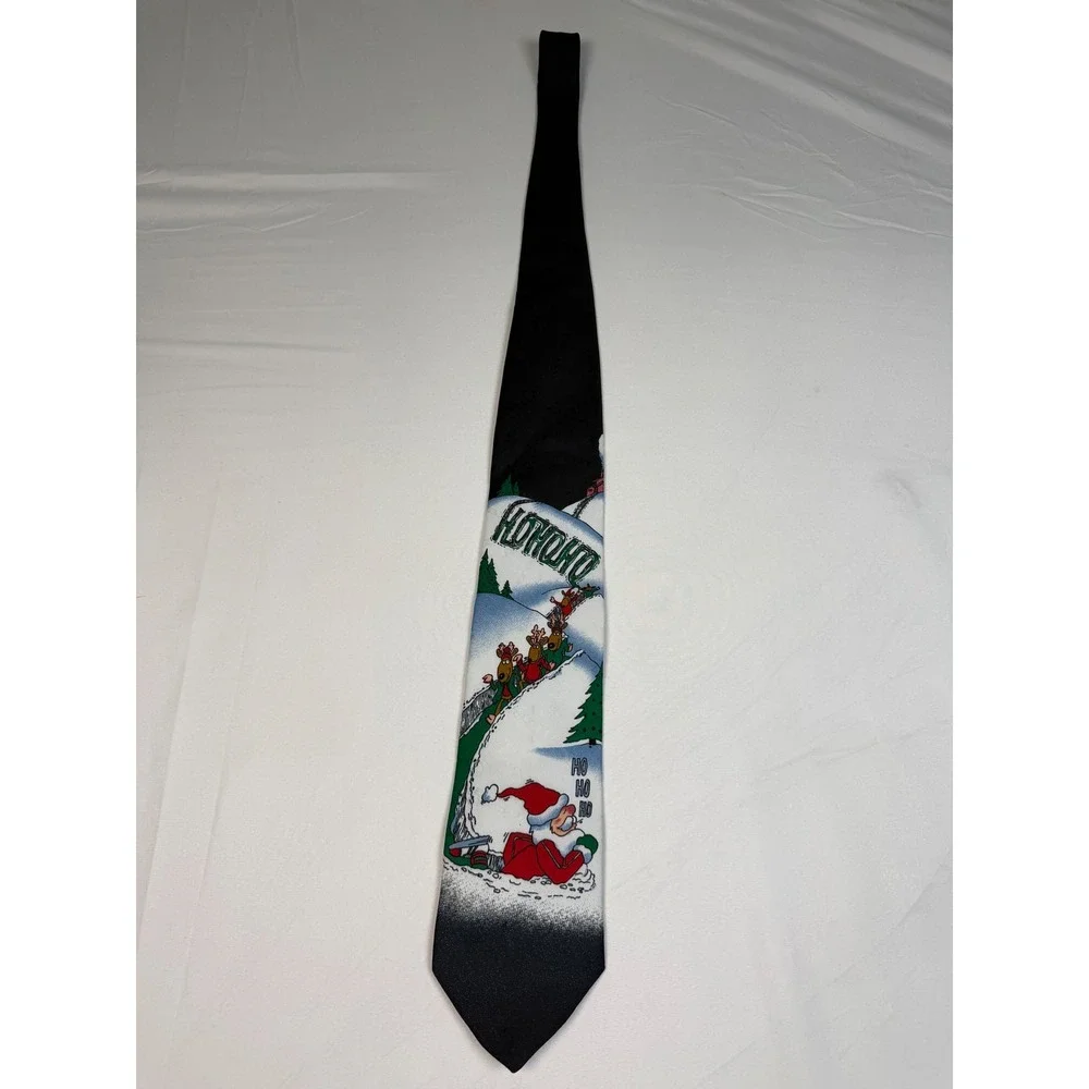 Vintage Hallmark Yule Tie Greetings Mens Christmas Santa Reindeer Black Silk Tie